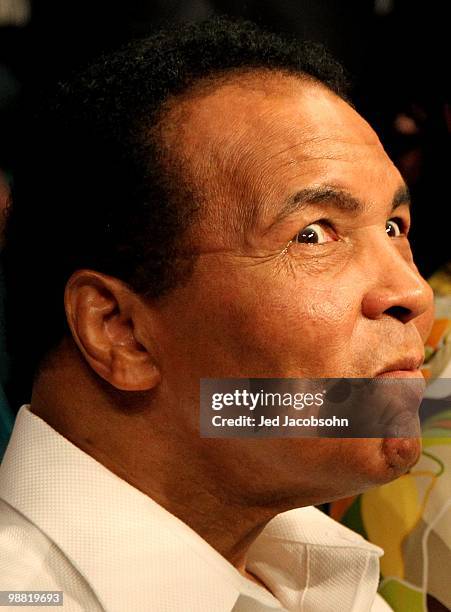 Boxing legend Muhammad Ali looks on during the Floyd Mayweather Jr. And Shane Mosley welterweight fight at the MGM Grand Garden Arena on May 1, 2010...