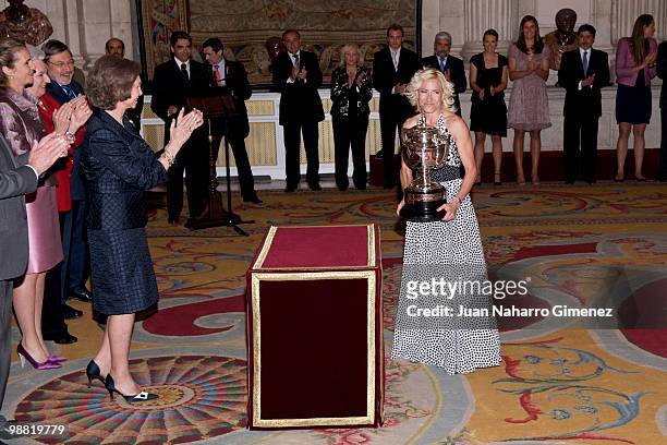 Queen Sofia of Spain applauds as Marta Dominguez receives the 'National sports awards 2009 at Palacio Real on May 3, 2010 in Madrid, Spain.