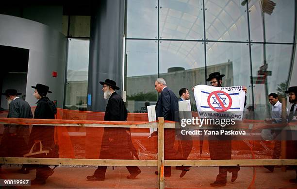 Members of Neturei Karta International, or Jews United Against Zionism, protest zionism in front of the United Nations May 3, 2010 in New York City....