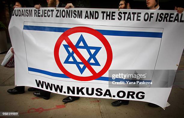 Members of Neturei Karta International, or Jews United Against Zionism, protest zionism in front of the United Nations May 3, 2010 in New York City....