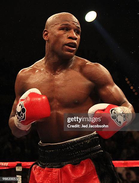 Floyd Mayweather Jr. In action against Shane Mosley during their welterweight fight at the MGM Grand Garden Arena on May 1, 2010 in Las Vegas,...