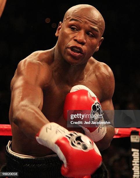 Floyd Mayweather Jr. In action against Shane Mosley during their welterweight fight at the MGM Grand Garden Arena on May 1, 2010 in Las Vegas,...