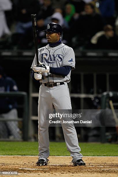 Carl Crawford of the Tampa Bay Rays prepares to bat against the Chicago White Sox at U.S. Cellular Field on April 21, 2010 in Chicago, Illinois. The...