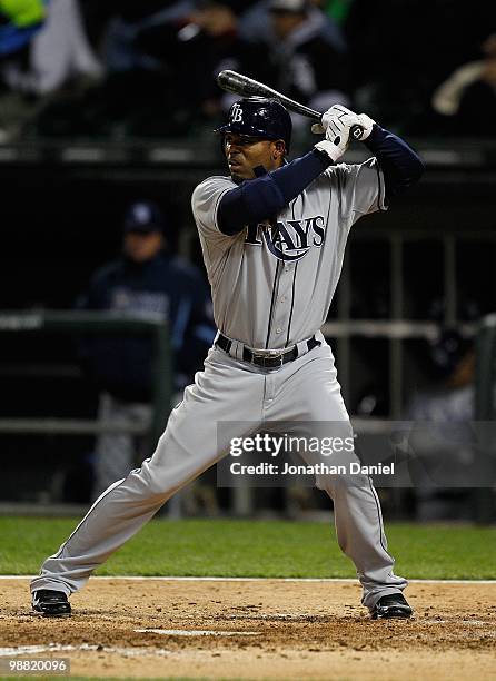 Carl Crawford of the Tampa Bay Rays prepares to bat against the Chicago White Sox at U.S. Cellular Field on April 21, 2010 in Chicago, Illinois. The...