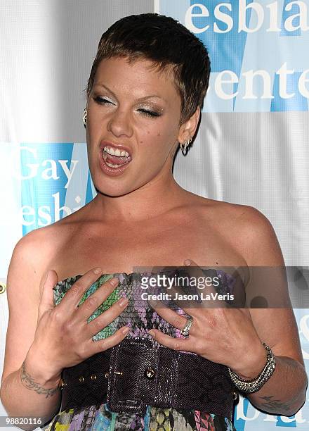 Singer Alecia Beth Moore aka Pink attends the L.A. Gay & Lesbian Center's "An Evening With Women" at The Beverly Hilton Hotel on May 1, 2010 in...