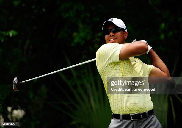 Tiger Woods hits a shot during a practice round for THE PLAYERS at TPC Sawgrass on May 3, 2010 in Ponte Vedra Beach, Florida.