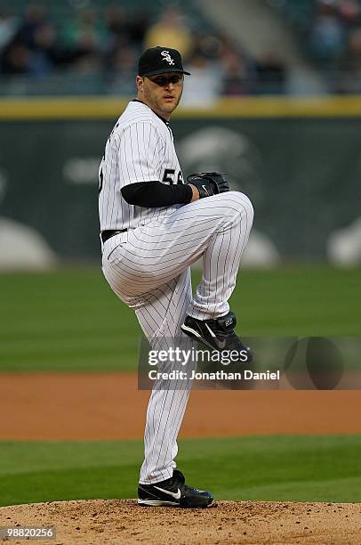 Starting pitcher Mark Buehrle of the Chicago White Sox throws a pitch against the Tampa Bay Rays at U.S. Cellular Field on April 21, 2010 in Chicago,...