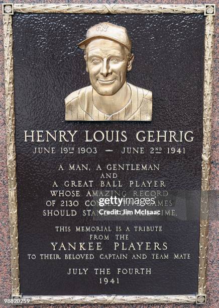 The plaque of Lou Gehrig is seen in Monument Park at Yankee Stadium prior to game between the New York Yankees and the Chicago White Sox on May 2,...