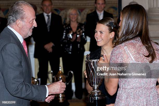 King Juan Carlos of Spain , presents a National Sport Award to Sailors Tara Pacheco and Berta Betanzos at the 'National sports awards 2009' at...