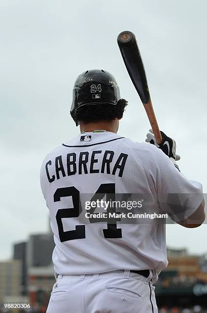 Miguel Cabrera of the Detroit Tigers waits on-deck to bat against the Los Angeles Angels of Anaheim during the game at Comerica Park on May 2, 2010...