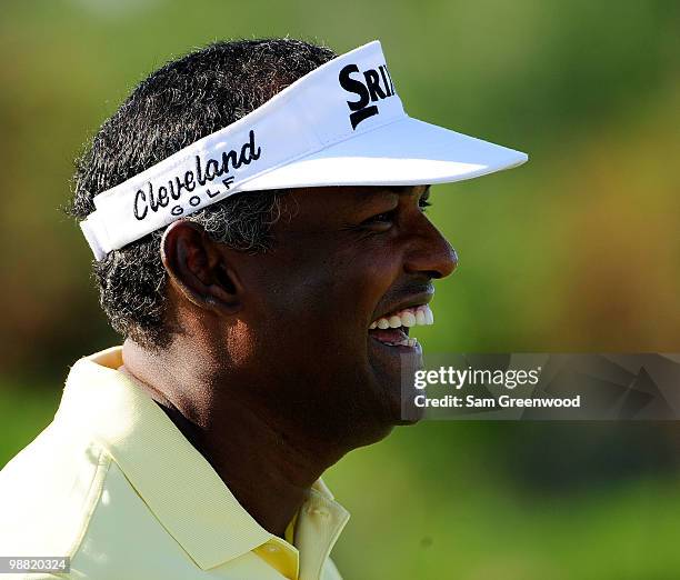 Vijay Singh of Fiji laughs during a practice round for THE PLAYERS at TPC Sawgrass on May 3, 2010 in Ponte Vedra Beach, Florida.