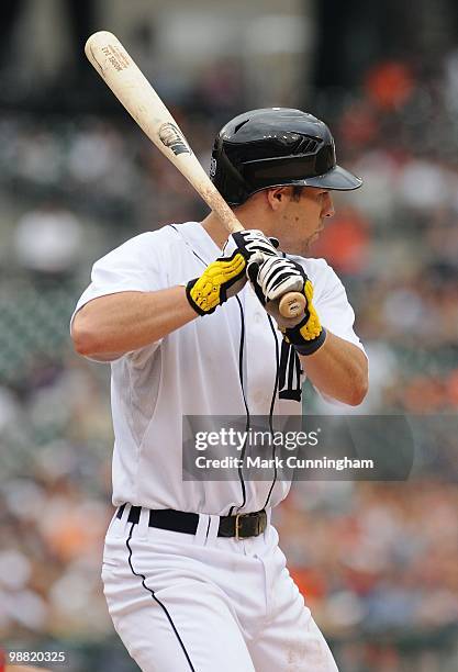 Scott Sizemore of the Detroit Tigers bats against the Los Angeles Angels of Anaheim during the game at Comerica Park on May 2, 2010 in Detroit,...