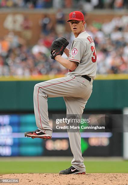 Jered Weaver of the Los Angeles Angels of Anaheim pitches against the Detroit Tigers during the game at Comerica Park on May 2, 2010 in Detroit,...