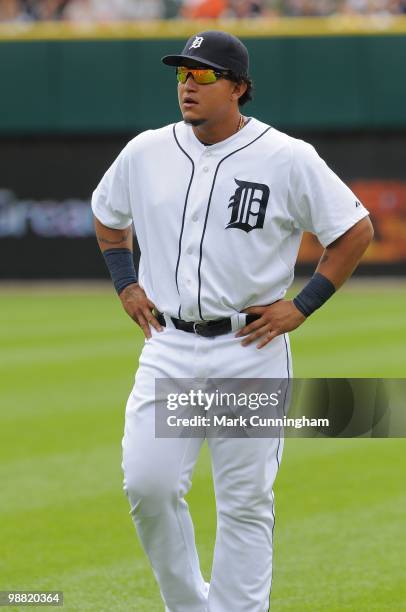 Miguel Cabrera of the Detroit Tigers looks on against the Los Angeles Angels of Anaheim during the game at Comerica Park on May 2, 2010 in Detroit,...