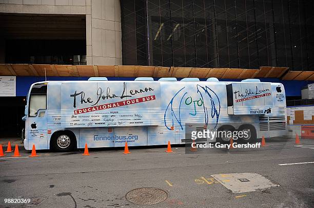 View of the John Lennon Educational Tour Bus at the Taylor Momsen Performs In NYC For National Wanna Play Music Week at Fiorello H. LaGuardia High...