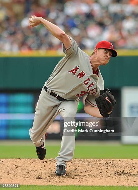 Jered Weaver of the Los Angeles Angels of Anaheim pitches against the Detroit Tigers during the game at Comerica Park on May 2, 2010 in Detroit,...