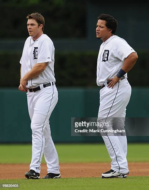 Brennan Boesch and Miguel Cabrera of the Detroit Tigers look on during the game against the Los Angeles Angels of Anaheim at Comerica Park on May 2,...
