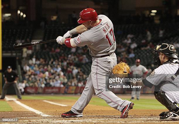 Laynce Nix of the Cincinnati Reds doubles against the Houston Astros at Minute Maid Park on April 29, 2010 in Houston, Texas.