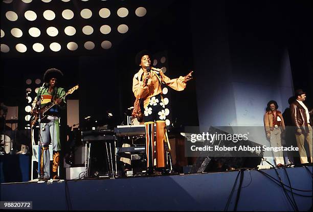 Popular American singing group The Jackson Five perform on stage at the International Ampitheatre as part of the Push Expo, Chicago, Illinois,...