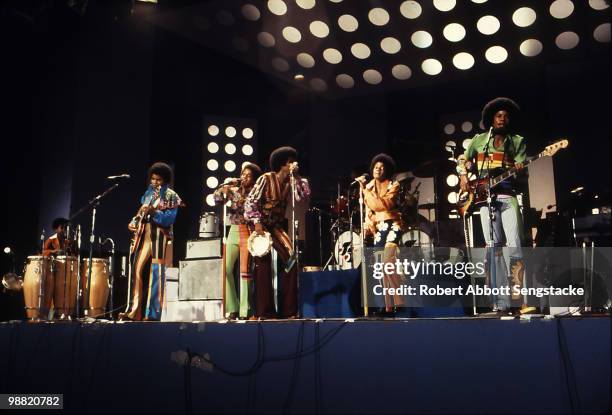 Popular American singing group The Jackson Five perform on stage at the International Ampitheatre as part of the Push Expo, Chicago, Illinois,...