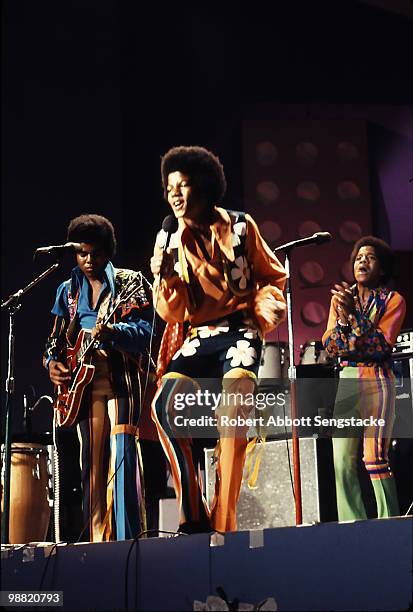 Popular American singing group The Jackson Five perform on stage at the International Ampitheatre as part of the Push Expo, Chicago, Illinois,...