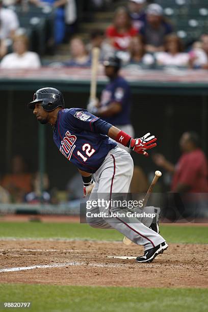 Alexi Casilla of the Minnesota Twins singles up the middle during the game between the Minnesota Twins and the Cleveland Indians on Sunday, May 2 at...