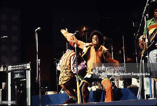 Popular American singing group The Jackson Five perform on stage at the International Ampitheatre as part of the Push Expo, Chicago, Illinois,...