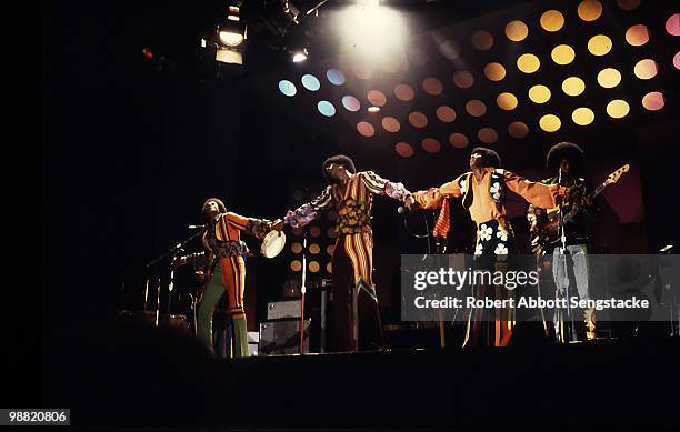 Popular American singing group The Jackson Five perform on stage at the International Ampitheatre as part of the Push Expo, Chicago, Illinois,...