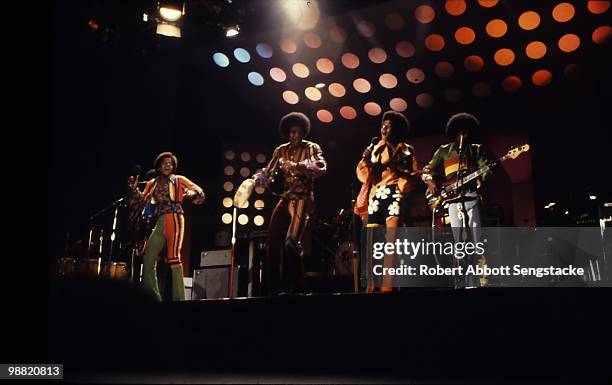 Popular American singing group The Jackson Five perform on stage at the International Ampitheatre as part of the Push Expo, Chicago, Illinois,...