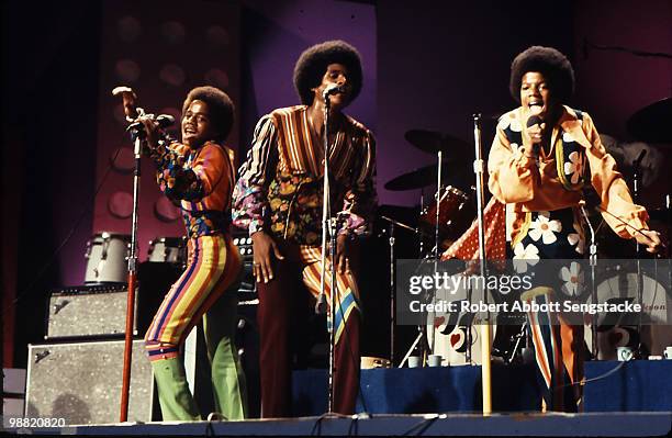 Popular American singing group The Jackson Five perform on stage at the International Ampitheatre as part of the Push Expo, Chicago, Illinois,...