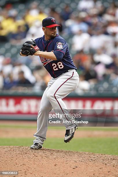 Jesse Crain of the Minnesota Twins delivers a pitch during the game between the Minnesota Twins and the Cleveland Indians on Sunday, May 2 at...