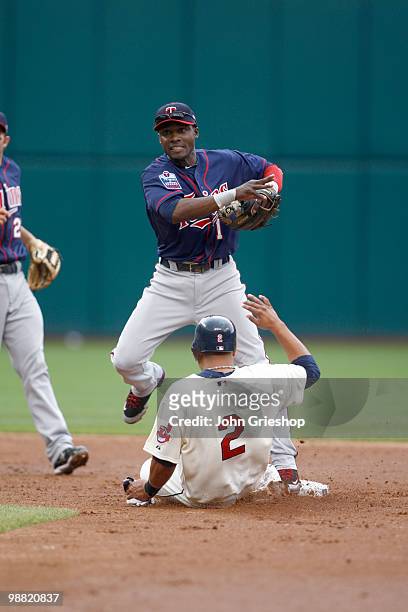 Orlando Hudson of the Minnesota Twins turns the double play during the game between the Minnesota Twins and the Cleveland Indians on Sunday, May 2 at...