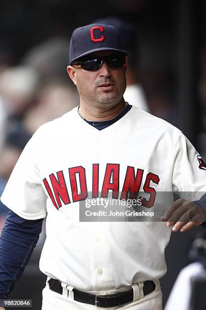 Manager Manny Acta of the Cleveland Indians works the dugout during the game between the Minnesota Twins and the Cleveland Indians on Sunday, May 2...