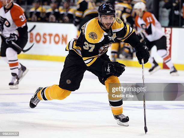 Patric Bergeron of the Boston Bruins skates in the third period against the Philadelphia Flyers in Game One of the Eastern Conference Semifinals...