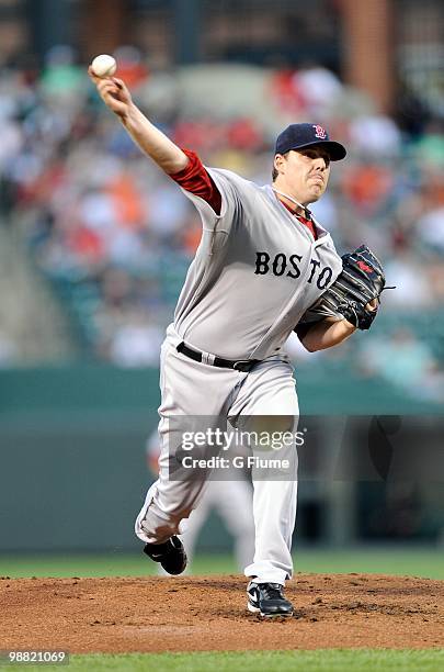 John Lackey of the Boston Red Sox pitches against the Baltimore Orioles at Camden Yards on April 30, 2010 in Baltimore, Maryland.