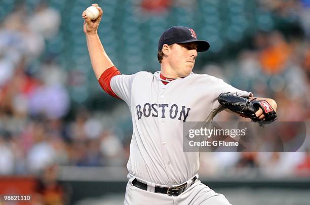 John Lackey of the Boston Red Sox pitches against the Baltimore Orioles at Camden Yards on April 30, 2010 in Baltimore, Maryland.