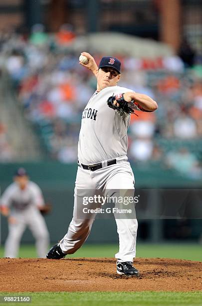 John Lackey of the Boston Red Sox pitches against the Baltimore Orioles at Camden Yards on April 30, 2010 in Baltimore, Maryland.