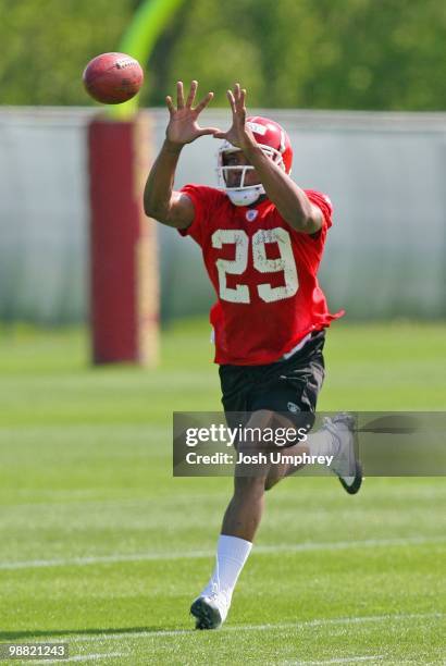 Defensive back Eric Berry of the Kansas City Chiefs runs a drill during the rookie mini camp at the Chiefs practice facility on May 1, 2010 in Kansas...