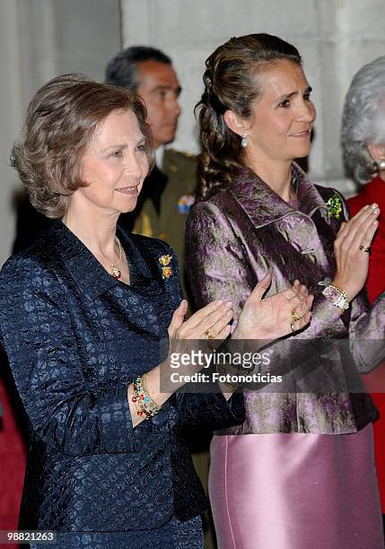 Queen Sofia of Spain and Princess Elena of Spain attend the 'National Sports Awards' 2009 ceremony, held at The Royal Palace on May 3, 2010 in...