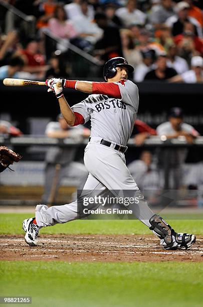 Victor Martinez of the Boston Red Sox bats against the Baltimore Orioles at Camden Yards on April 30, 2010 in Baltimore, Maryland.