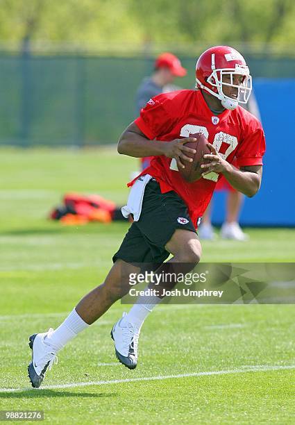 Defensive back Eric Berry of the Kansas City Chiefs runs a drill during the rookie mini camp at the Chiefs practice facility on May 1, 2010 in Kansas...