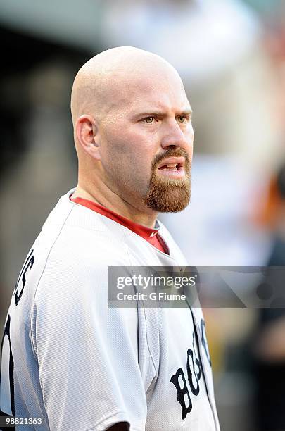 Kevin Youkilis of the Boston Red Sox warms up before the game against the Baltimore Orioles at Camden Yards on April 30, 2010 in Baltimore, Maryland.