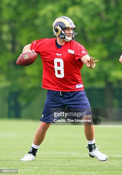 Quarterback Sam Bradford of the St. Louis Rams participates in drills during the rookie mini camp at the Rams practice facility on April 30, 2010 in...