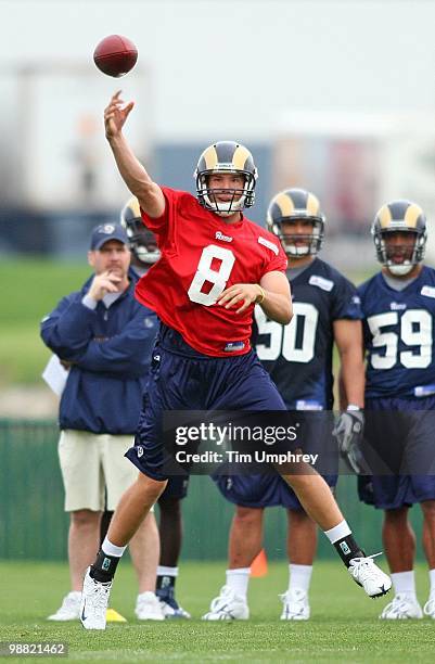 Quarterback Sam Bradford of the St. Louis Rams participates in drills during the rookie mini camp at the Rams practice facility on April 30, 2010 in...