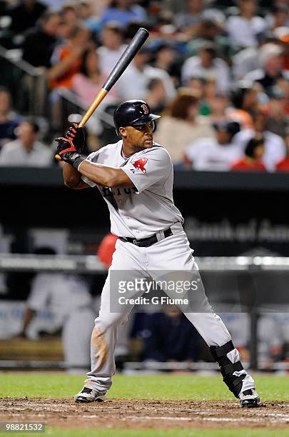 Adrian Beltre of the Boston Red Sox bats against the Baltimore Orioles at Camden Yards on April 30, 2010 in Baltimore, Maryland.