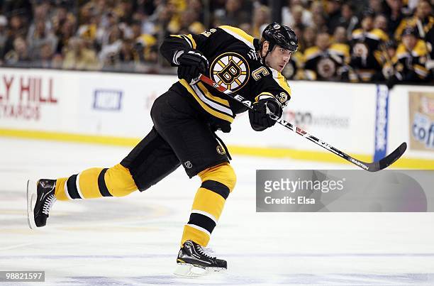 Zdeno Chara of the Boston Bruins takes a shot against the Philadelphia Flyers in Game One of the Eastern Conference Semifinals during the 2010 NHL...