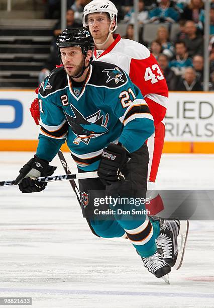 Scott Nichol of the San Jose Sharks in Game One of the Western Conference Semifinals skates up ice during the 2010 NHL Stanley Cup Playoffs against...