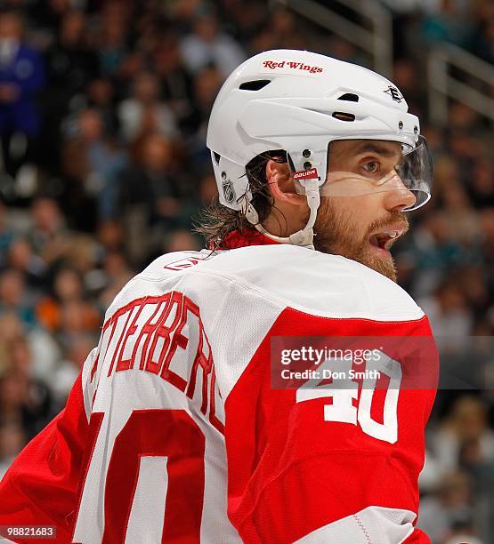 Henrik Zetterberg of the Detroit Red Wings lookd on in Game One of the Western Conference Semifinals during the 2010 NHL Stanley Cup Playoffs against...