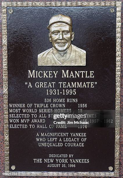 The plaque of Mickey Mantle is seen in Monument Park at Yankee Stadium prior to the game between the New York Yankees and the Chicago White Sox on...