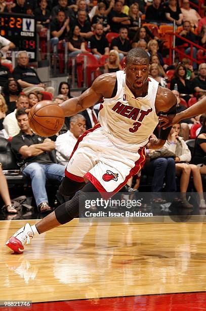 Dwyane Wade of the Miami Heat drives to the basket in Game Four of the Eastern Conference Quarterfinals against the Boston Celtics during the 2010...